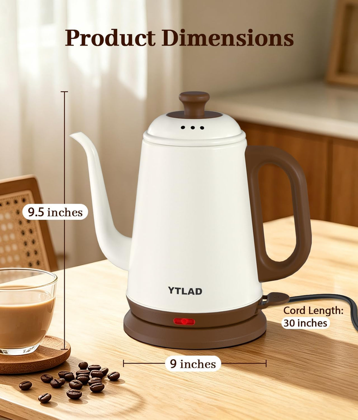 Gooseneck Electric Kettle 1L, 1000W, Pour-Over Coffee & Tea
