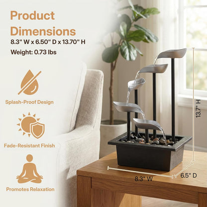 Tabletop Water Fountain, Modern Indoor Waterfall Feature with LED Light, Soothing Zen Desktop Fountain for Home Office Bedroom Relaxation Decor 13.7 Inch