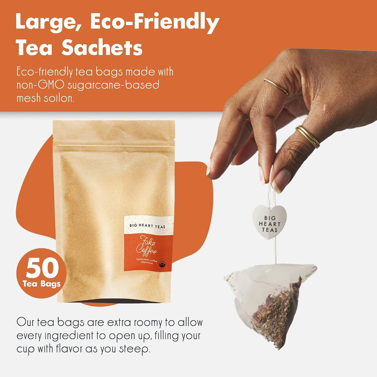 Big Heart Tea Co. Tea Bags - Fake Coffee - Certified Organic, Ayurvedic Herbal Decaf Tea in Zero Plastic Sachets with Small Batch Whole Herbs, Cacao, Roasted Chicory, Dandelion Root, Cinnamon, 50 Pack