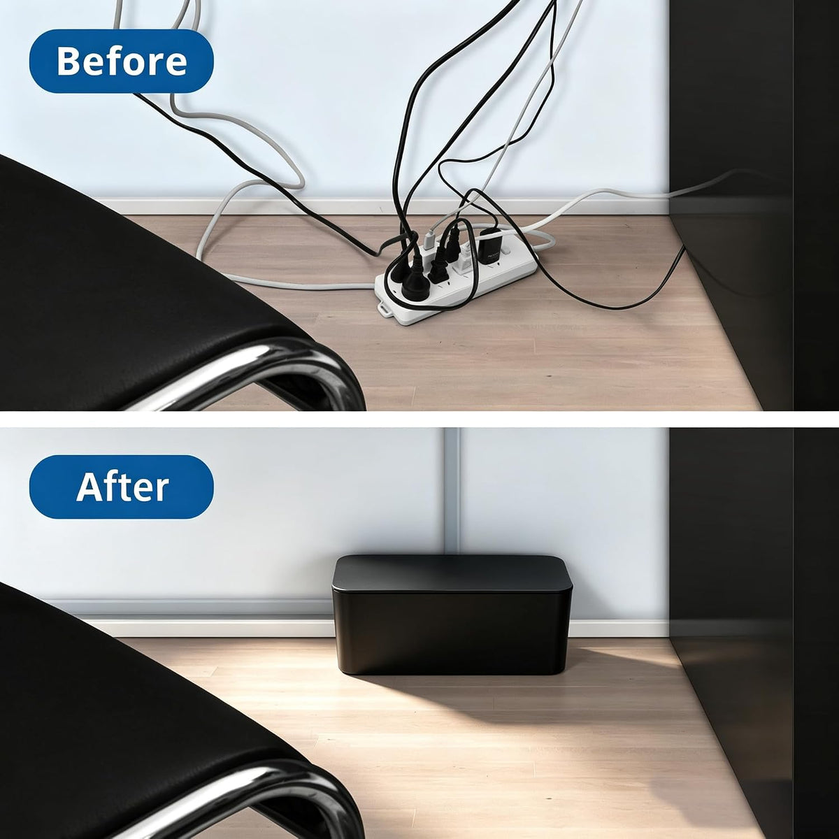 ZhiYo 2 Pack Cable Management Box, Medium & XL, Power Strip Organizer Black