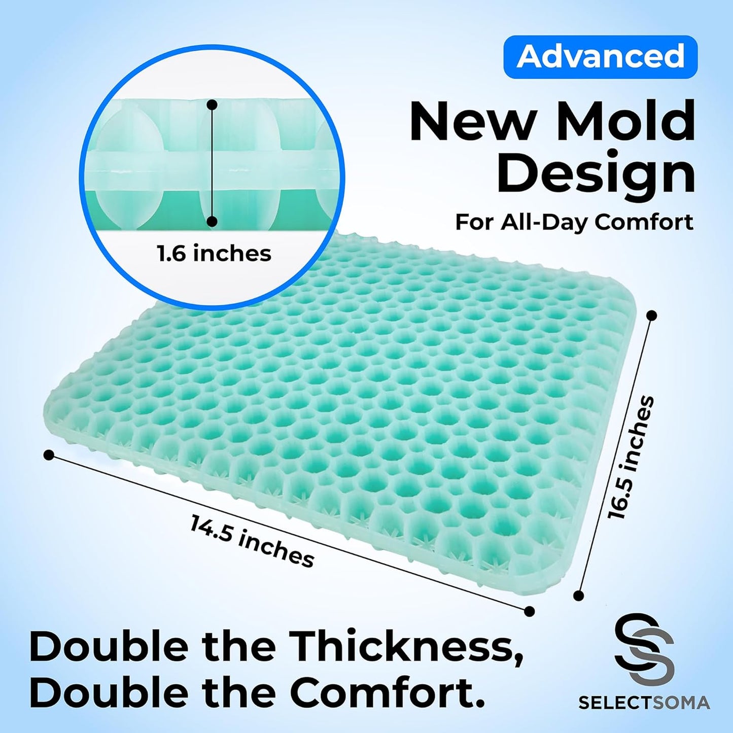 SelectSoma Double-Thick Gel Seat Cushion for Long Sitting Pressure Relief for Back, Sciatica, Coccyx, Tailbone Pain - Cushion for Airplane Travel, Office Chair, Wheelchair, Car & Truck - Egg Seat Pad