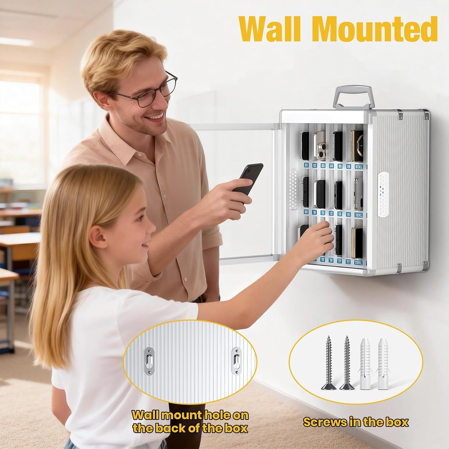 Glosen 24 Slots Cell Phone Locker, Portable Phone Storage Cabinet [Wall Mounted] [Aluminum Alloy] Cellphone Lock Box with Key & Handle for School Classroom Office Exam (Black)