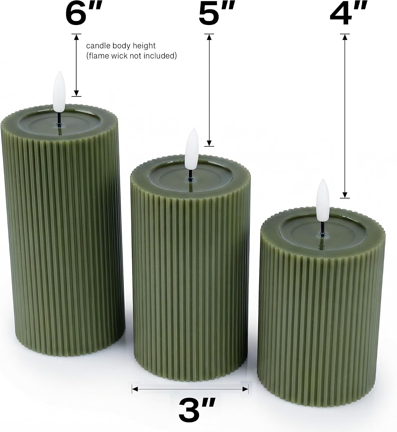 Ribbed Fluted Real Wax Flameless LED Pillar Candles, Loden Sage Olive Green, Melted-Wax Top Look, Flickering Flame, Battery Operated, Remote & Timer, Shelf & Wedding Decor (Set of 3)