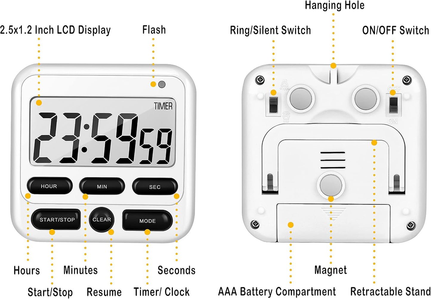 KTKUDY Digital Kitchen Timer with Mute/Loud Alarm Switch ON/Off Switch, 12-Hour Clock & Alarm, Memory Function Count Up & Count Down for Kids Teachers Cooking, Large LCD Display, Strong Magnet (Black)