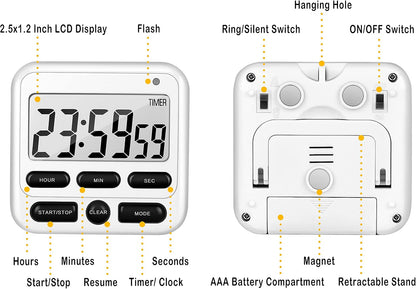 KTKUDY Digital Kitchen Timer with Mute/Loud Alarm Switch ON/Off Switch, 12-Hour Clock & Alarm, Memory Function Count Up & Count Down for Kids Teachers Cooking, Large LCD Display, Strong Magnet (Black)