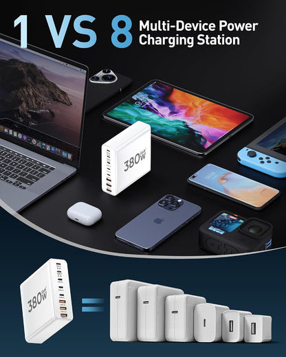 380W USB C Charger Block with 4 USB Cables Dual 100W Charging Station