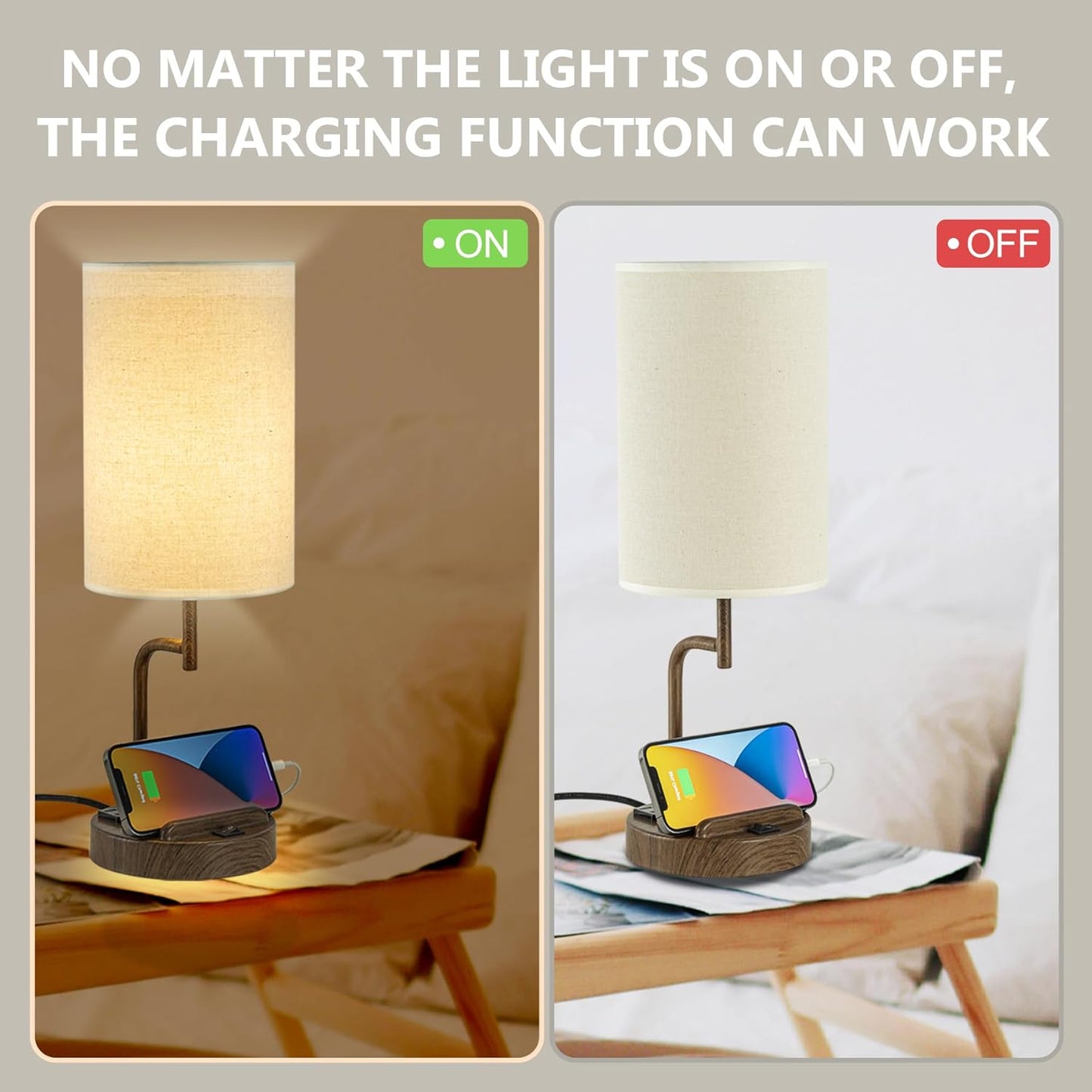 Dreamholder Table Lamp with 3 USB Charging Ports, Modern Desk Lamp with AC Outlet and Phone Stands, Perfect Bedside Lamp for Bedroom, Living Room, Office (Pack of 2), Cream