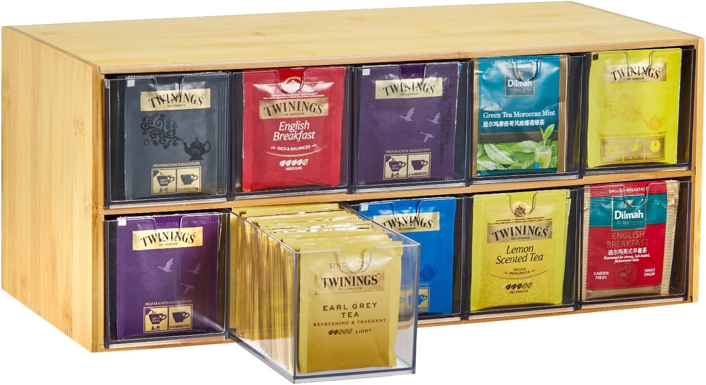 TIMIEEYA Tea Bag Organizer - Bamboo Tea Storage With Drawer 3 Layer, Organizer for Tea Bags Natural Wood & Acrylic for Countertop Office Kitchen Cabinet Pantry