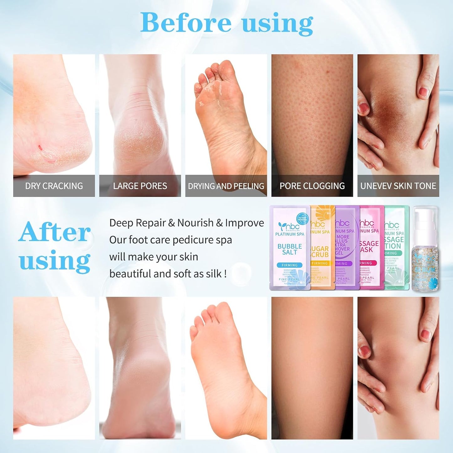 Pedicure Kit Foot Soak Set: Bubble Salt, Sugar Scrub, Massage Mask, Massage Lotion in a Box, 4 Step Foot Spa Kit for Dry Feet, Softens Calluses, Tired Feet（3 Set Lavender) - Colors B