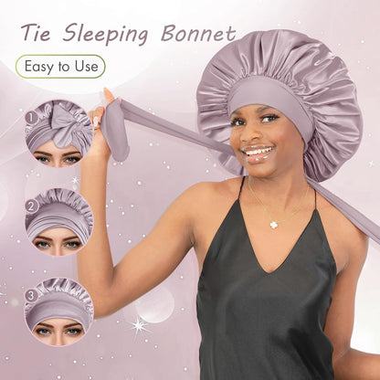 BONNET QUEEN Silk Bonnet for Sleeping for Women Satin Bonnet Night Cap for Curly Hair with Tie Band, Single Layer, Cream Pink
