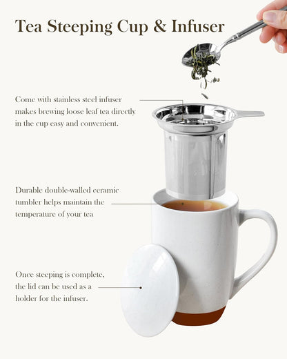 MALACASA Ceramic Tea Mug with Lid and Stainless Steel Infuser, 18 oz Large Tea Cup for Loose Leaf Tea, Heat-Resistant, Microwave & Dishwasher Safe, Speckled Glaze Coffee & Tea Brewer Mug, Khaki White
