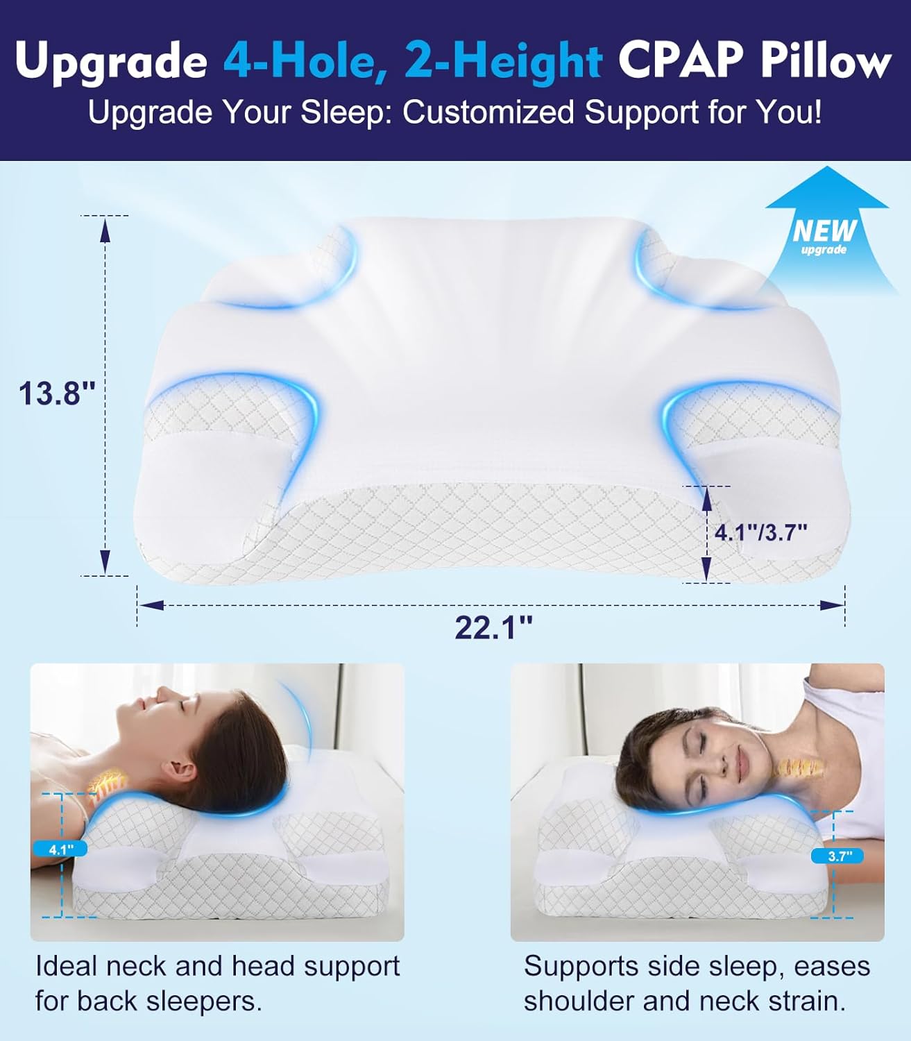 IKSTAR Cooling CPAP Pillow for Side Sleepers - Sleep Apnea Pillow for CPAP User - Reduce Air Leak/Hose Tangle/Mask Pressure - Memory Foam Neck Support Nasal Pillows Side/Back/Stomach Sleeper