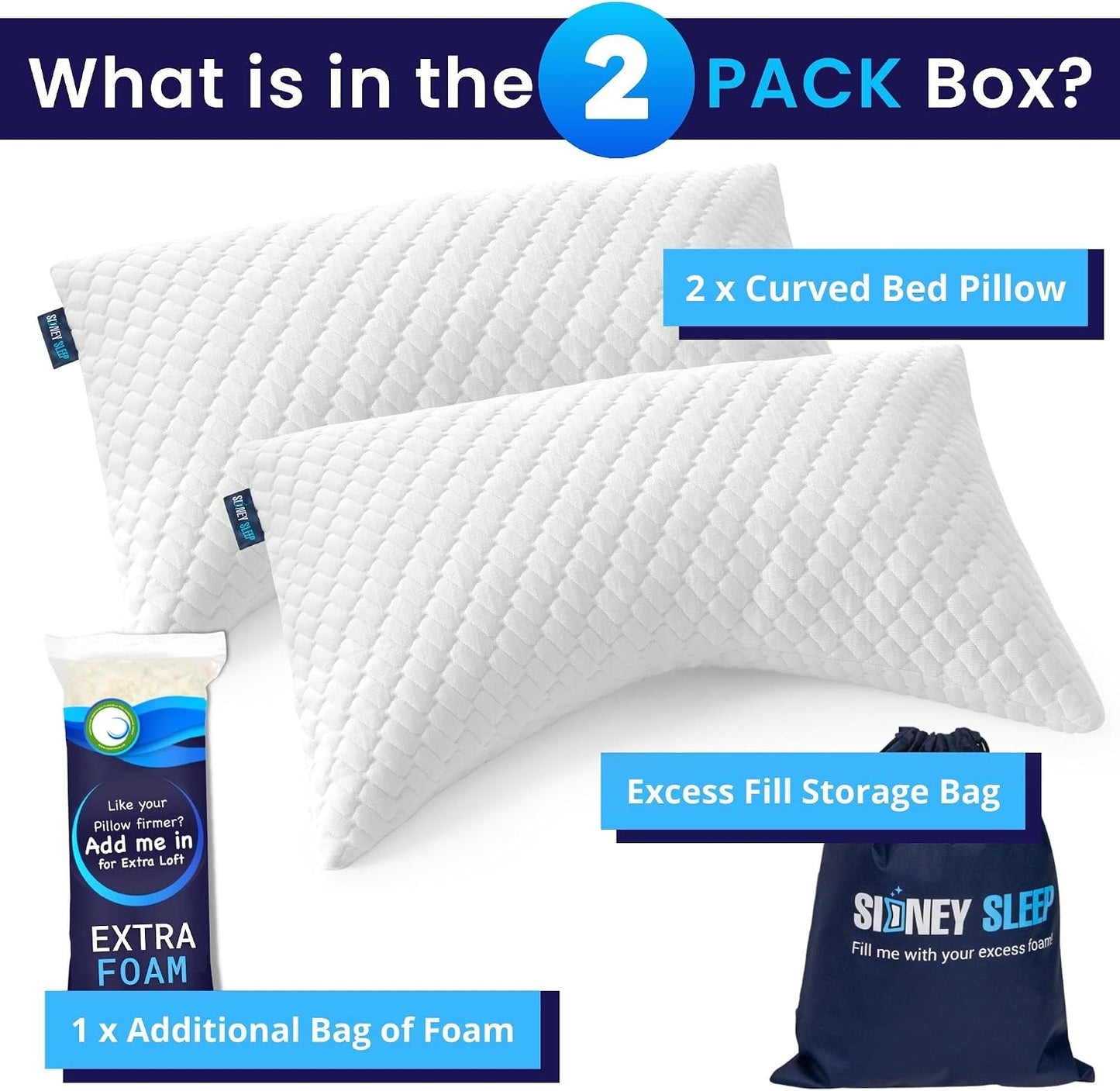 Sidney Sleep Adjustable Curved Pillows for Neck and Shoulder Support with Extra Shredded Fill - Cervical Contour Pillow for Side and Back Sleepers - Queen Size 19" x 29" CertiPUR-US Certified (White)