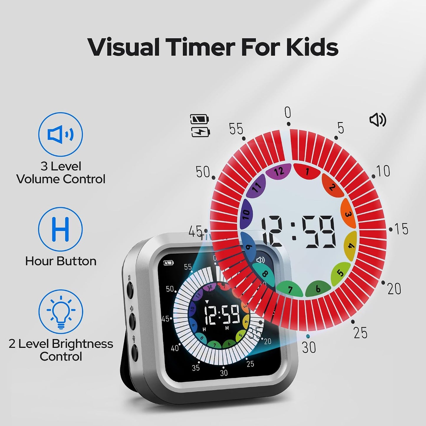 Visual Timer for Kids with Color Display Kitchen Timer 1500mAh Battery | Memory Function Scroll Wheel Control, Magnetic Back with Stand, Up to 12h59m Countdown, Kitchen, Study & Classroom