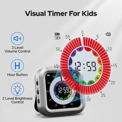 Visual Timer for Kids with Color Display Kitchen Timer 1500mAh Battery | Memory Function Scroll Wheel Control, Magnetic Back with Stand, Up to 12h59m Countdown, Kitchen, Study & Classroom