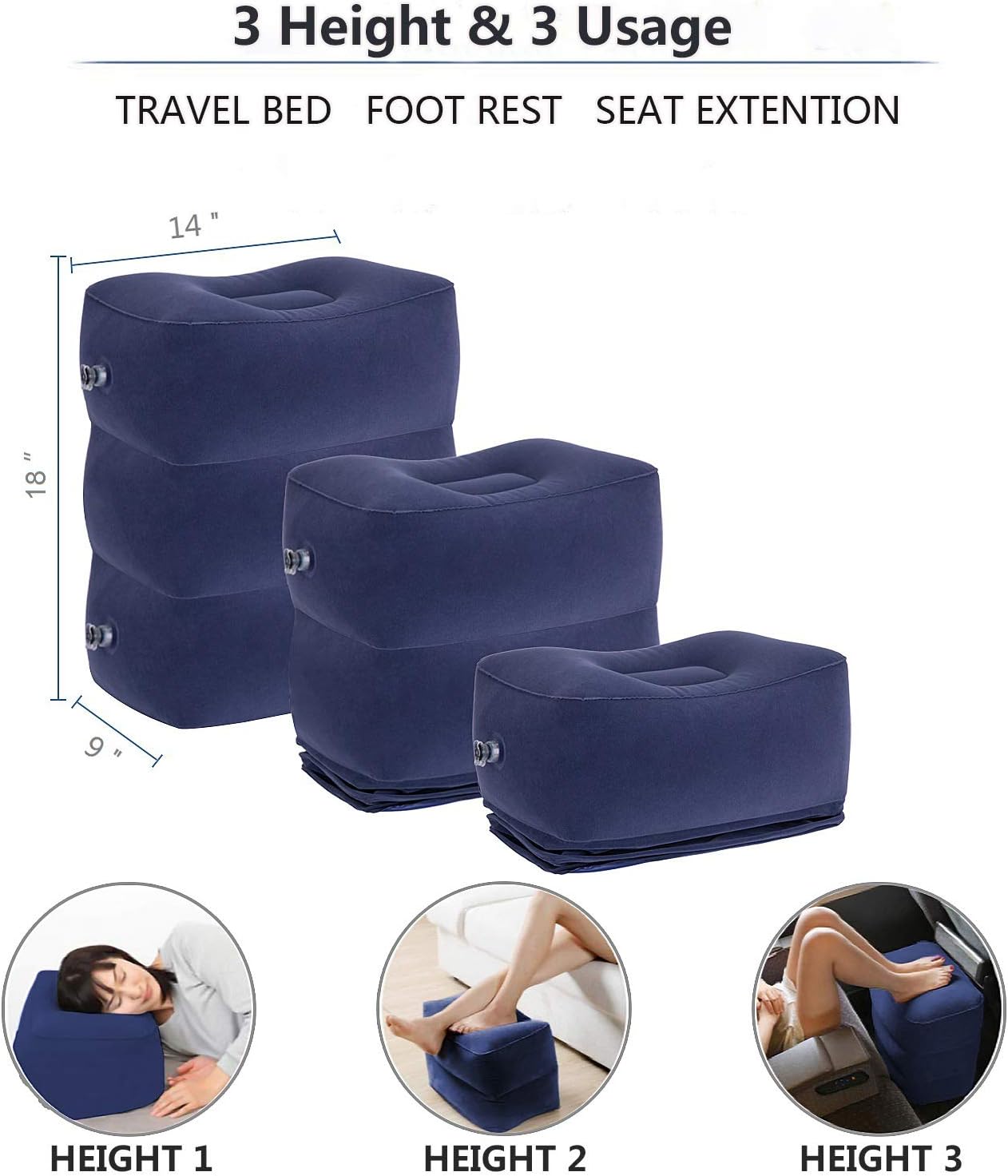 Inflatable Travel Foot Rest Pillow, Adjustable Height Leg Rest Pillow for Cars, Home, Office, Trains, Airplane, Make a Flat Bed for Baby, Kids, Toddlers, with 2in1 Storage Bag (1 Pack)