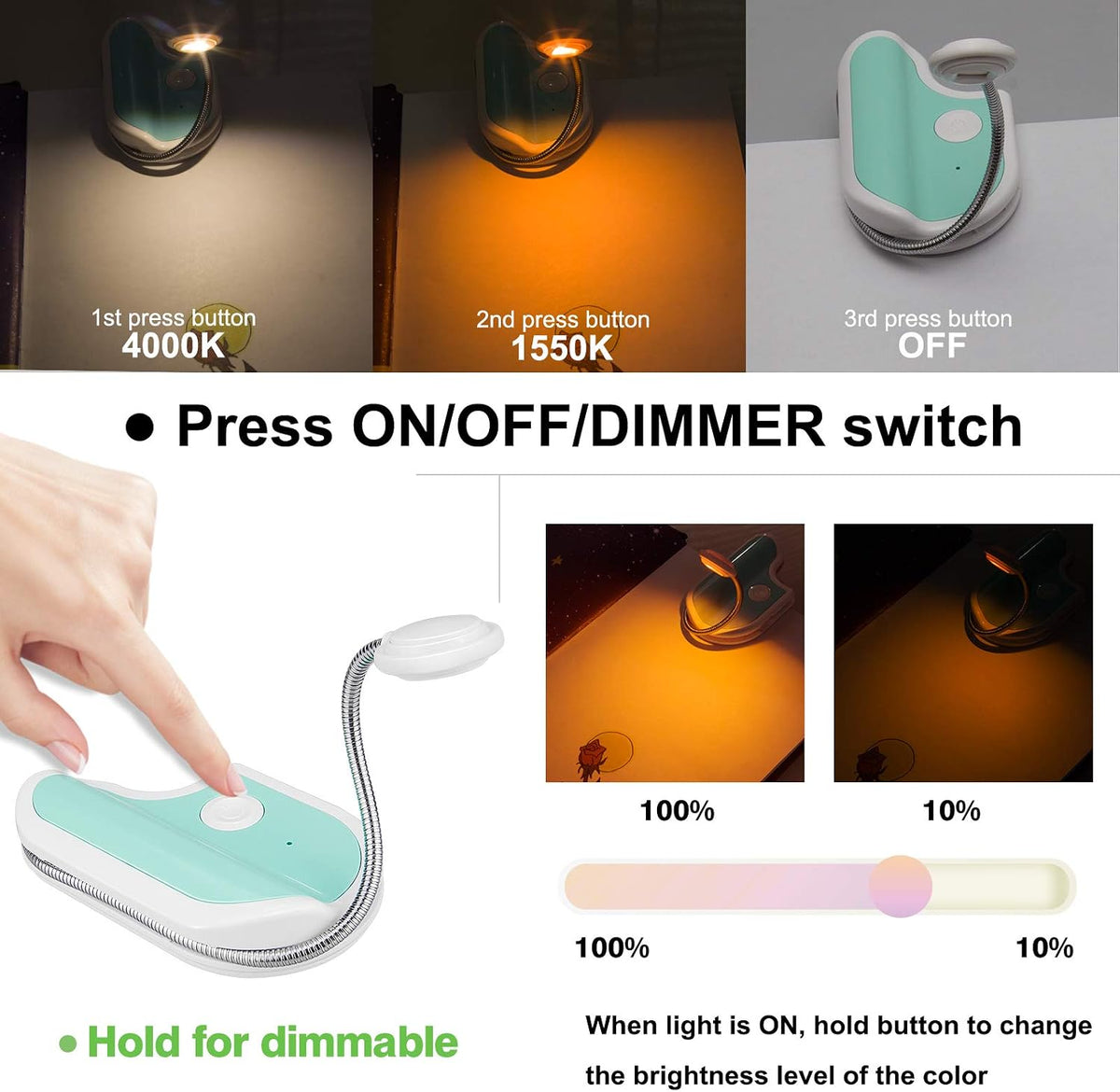 BIGMONAT Rechargeable Reading Light for Kids,Small Amber Book Light,Multi Colors Portable LED Reading Lamp with 361° Rotary Light Neck,Wireless Clip Reading Light for Books (White)