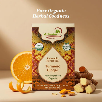 Adanim Bio Organic Turmeric Ginger Herbal Tea Bags Caffeine Free Pure Herbal Blend with Black Pepper USDA Organic Vegan & Kosher 20 Individually Wrapped Tea Bags