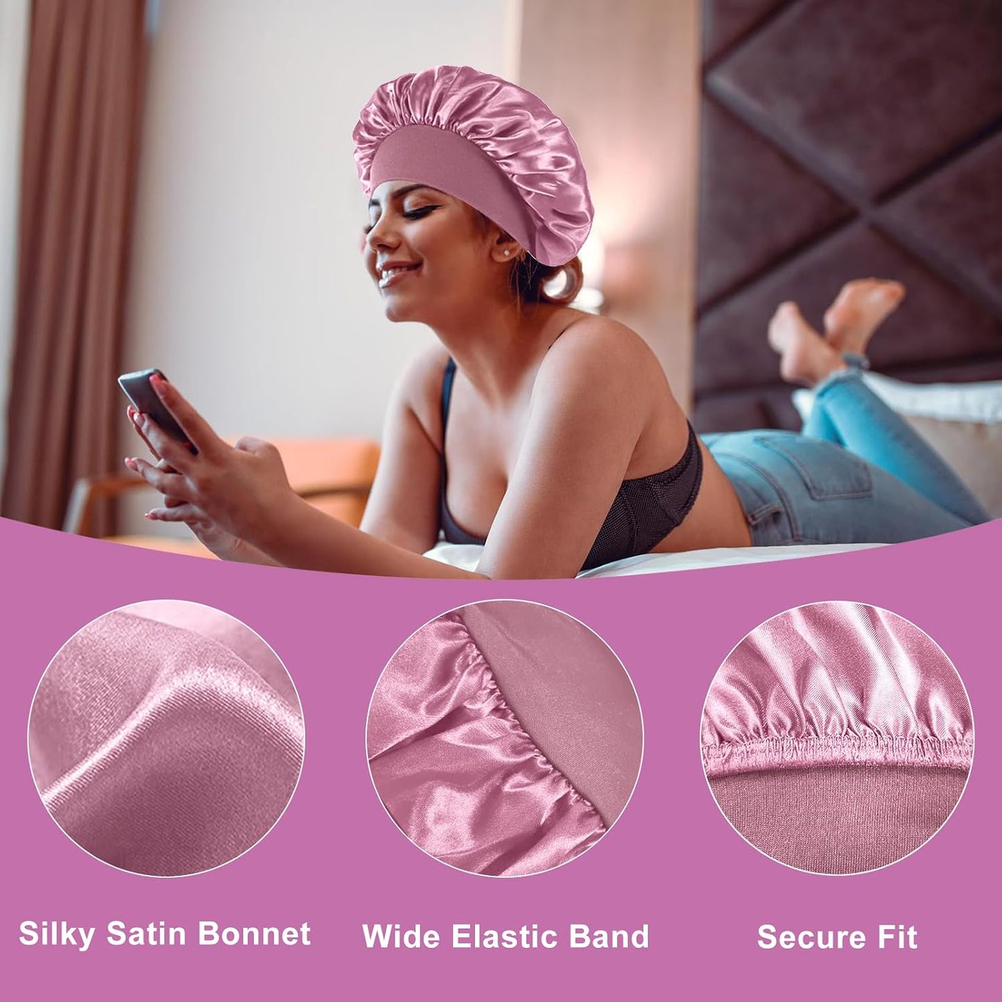 4PCS Silk Satin Bonnets for Black Women & Men - Elastic Wide Band Hair Wrap Cap for Curly Hair - Shower Cap for Sleeping (Black, Peacock Blue, Pink, Khaki)