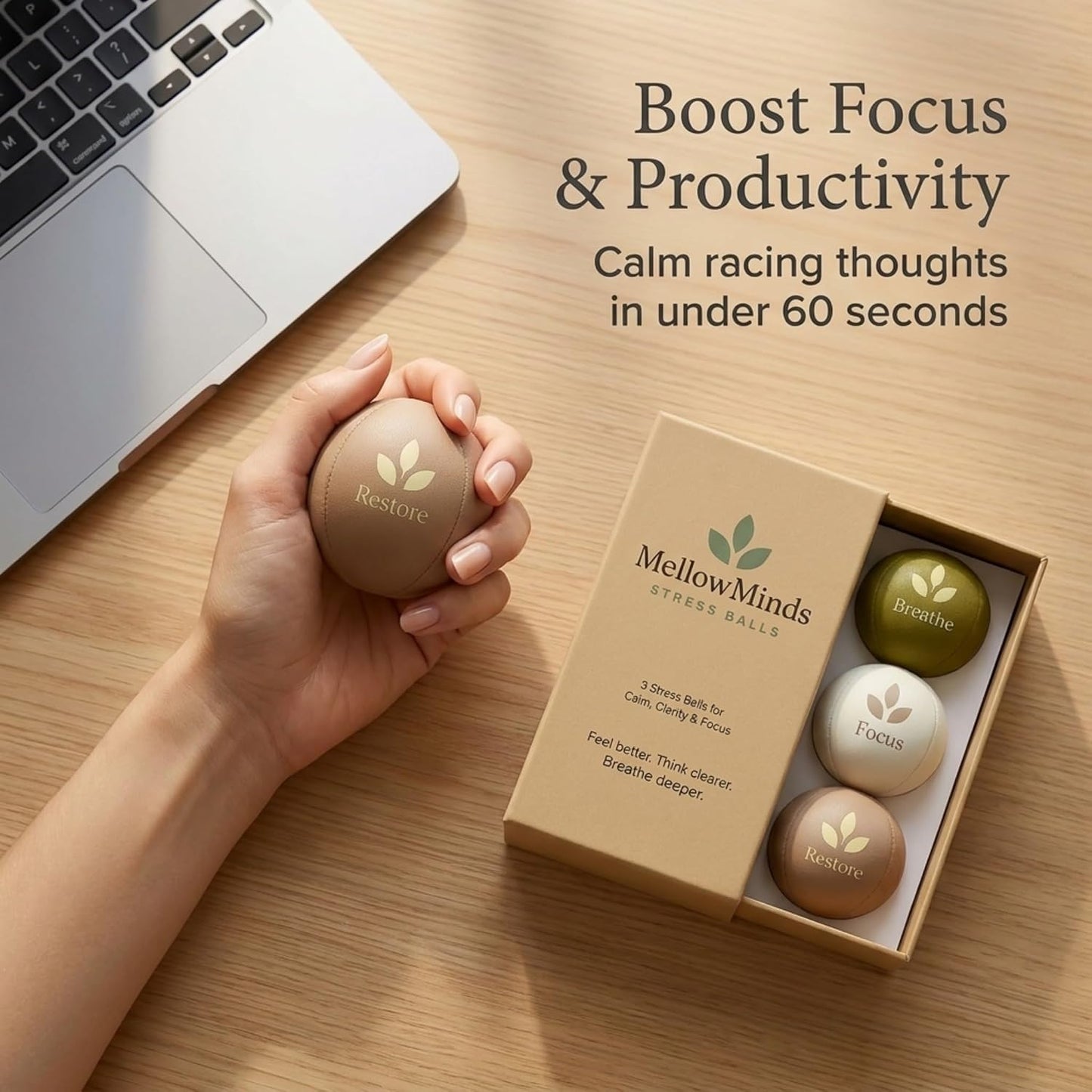 MellowMinds Stress Balls for Adults — 3-Pack Therapy Hand Balls for Stress Relief, Anxiety & Focus | Soft, Medium & Firm Resistance | Premium Minimalist Desk Wellness Gift for Office & Home