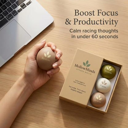 MellowMinds Stress Balls for Adults — 3-Pack Therapy Hand Balls for Stress Relief, Anxiety & Focus | Soft, Medium & Firm Resistance | Premium Minimalist Desk Wellness Gift for Office & Home