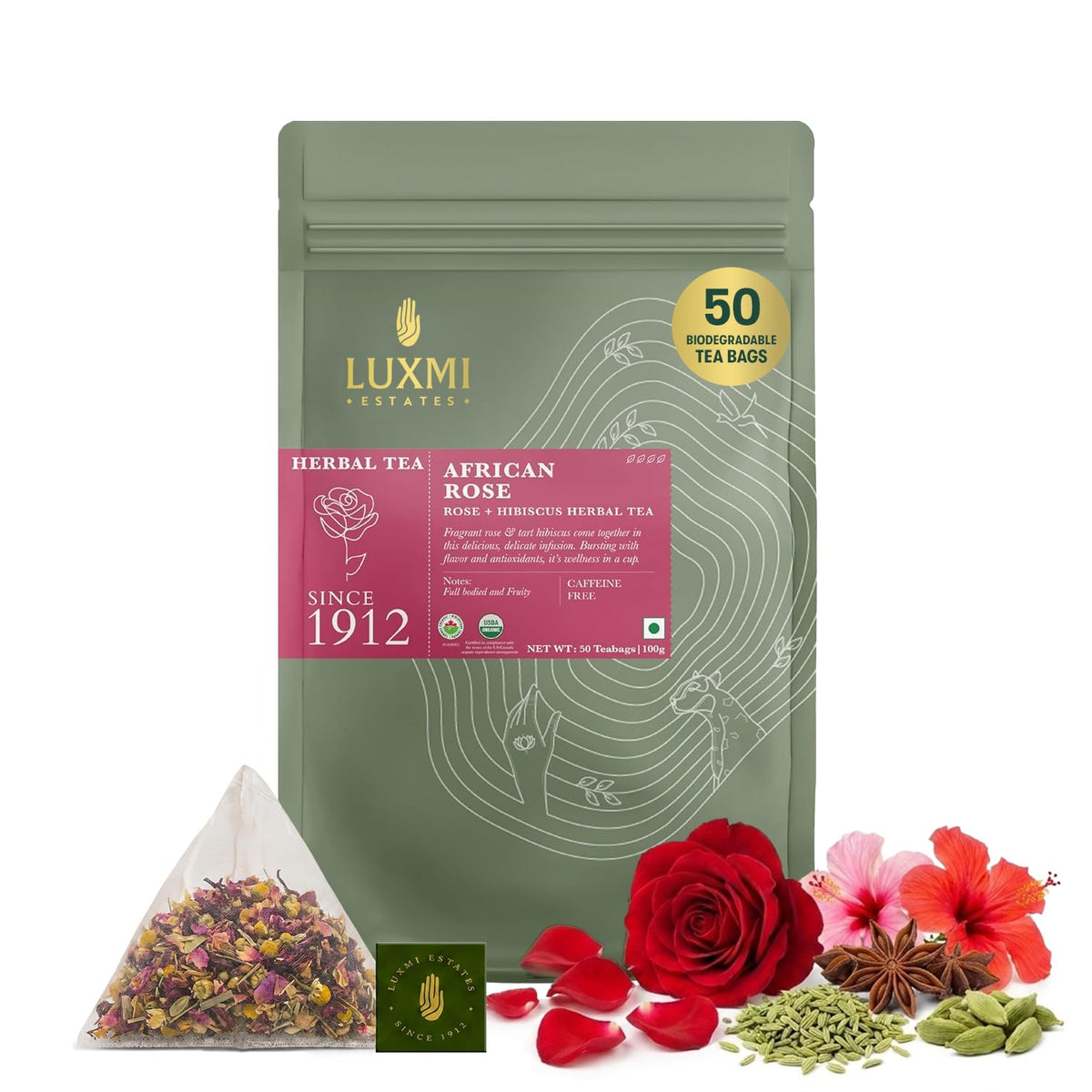 Luxmi Estates African Rose Herbal Infusion 50 Plant-Based Biodegradable Bags (100gm) Pack | USDA Certified Organic Infusion | Hibiscus & Roses