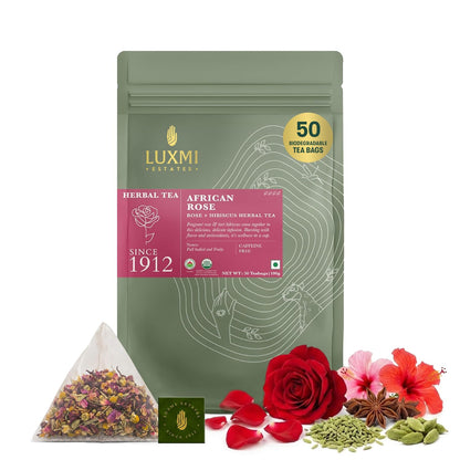 Luxmi Estates African Rose Herbal Infusion 50 Plant-Based Biodegradable Bags (100gm) Pack | USDA Certified Organic Infusion | Hibiscus & Roses