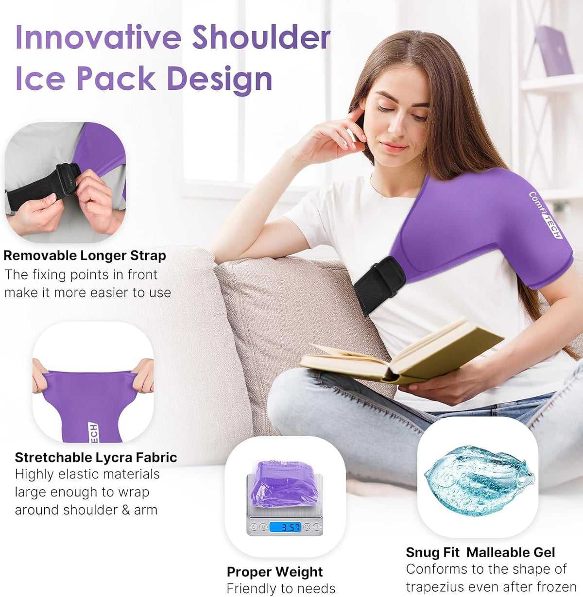 Comfitech Shoulder Arm Ice Pack Wrap, Reusable Gel Cold Sleeve, Black, L