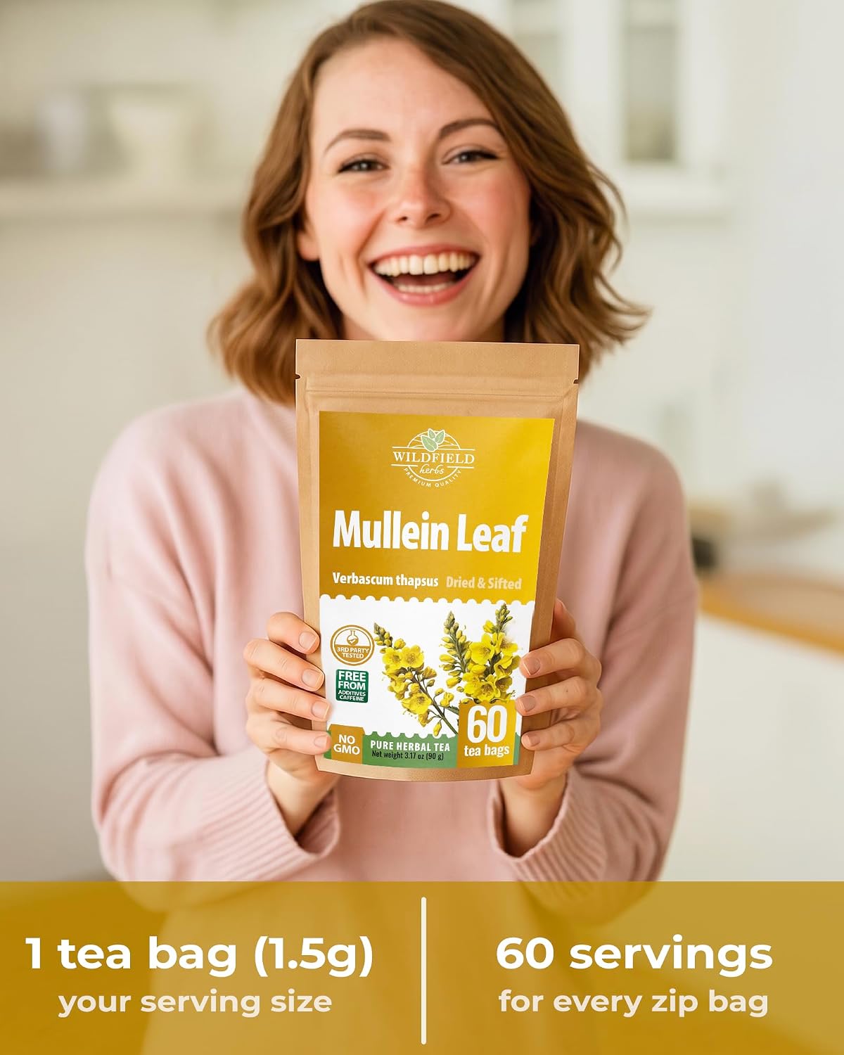 60 Bags Mullein Leaf Tea (Verbáscum L.) - 60 Count 2g Bags Mullen Leaves Mullein Mulungu Hoja De Gordolobo