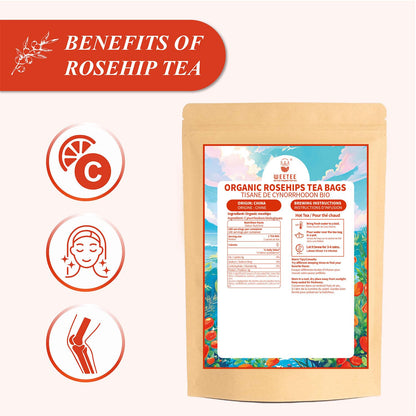 WT WEETEE Organic Rosehips Tea Bags, Made with 100% Natural & Pure Crushed Rose Hips, Natural Caffeine-free Herbal Tea 2g x 100 Counts