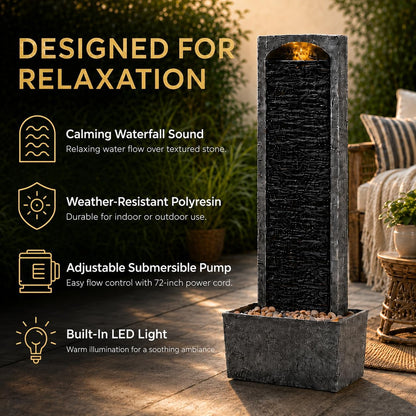 Teamson Home 38.58 in. Modern Curved Faux Slate Waterfall Fountain for Indoors or Outdoors with LED Light Accents and 1.98-Gallon Pump, Black and Stone Gray | Freestanding Floor Garden Waterfall, LED Lights, Weatherproof Polyresin, For Patio & Yard