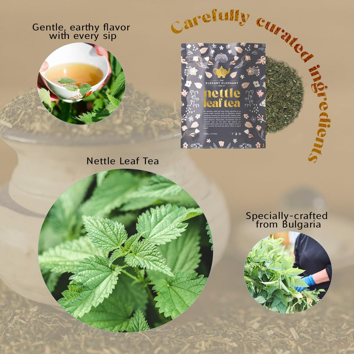 Nettle Leaf Tea – Pure Bulgarian Loose Leaf Herbal Tea – Support Healthy Skin, Reduce Inflammation & Boost Immune System – Resealable 4.4oz Bag (Makes 50 Cups) – The Elegant Elephant