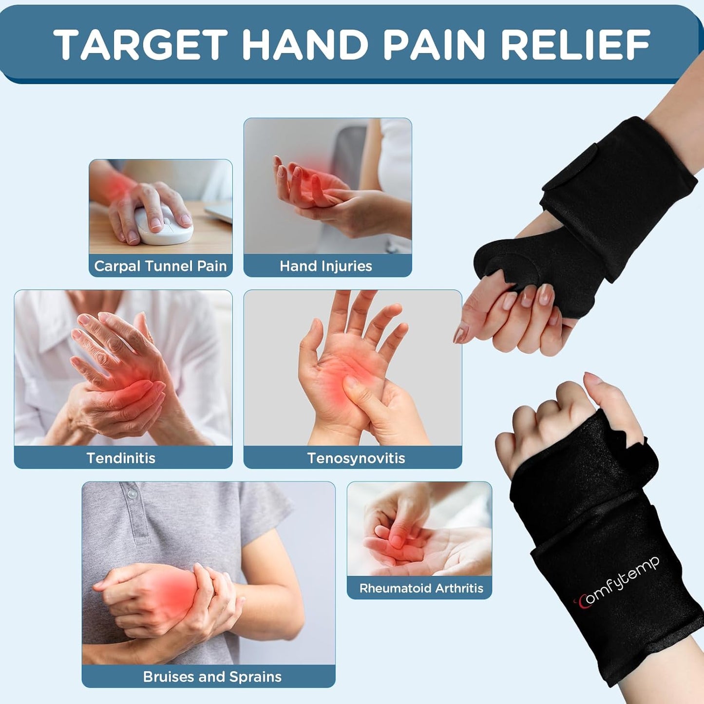 Comfytemp Wrist Ice Pack Wrap Carpal Tunnel Relief Wrist Brace, 2 Packs, FSA Eligible HSA, Gel Ice Packs for Injuries Reusable Wrap for Hand Pain, Hot Cold Compress Hand Brace, Men Women Recovery Item