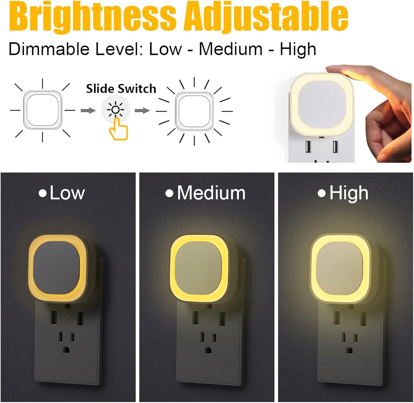 YUNLEX 2 Pack Amber Night Light, Dusk to Dawn Sensor, Warm Glare-Free Reflected Glow, 3-Level Dimmer, Auto On/Off, Plug-in LED Nightlight for Bedroom, Kids, Bathroom, Sleep, Baby Nursery, Toddler