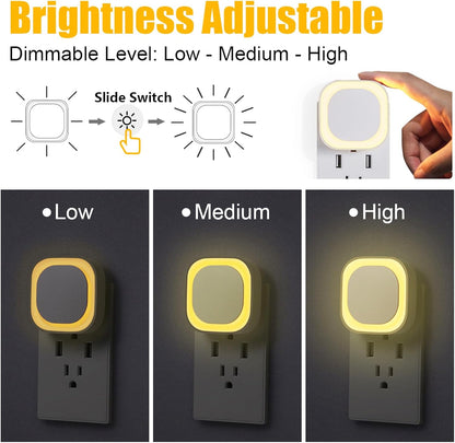 YUNLEX 2 Pack Amber Night Light, Dusk to Dawn Sensor, Warm Glare-Free Reflected Glow, 3-Level Dimmer, Auto On/Off, Plug-in LED Nightlight for Bedroom, Kids, Bathroom, Sleep, Baby Nursery, Toddler