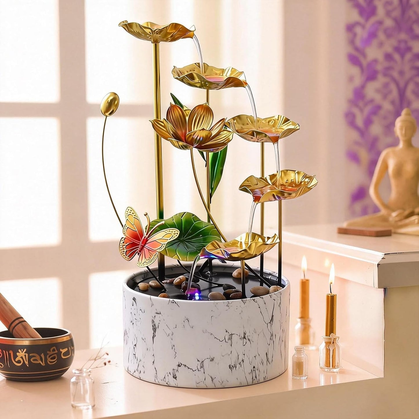 11‘’ H Gold Tabletop Water Fountain, Zen Desktop Waterfall, Indoor Lotus Desktop Decorative Fountain, Home Bathroom Bedroom Decor.