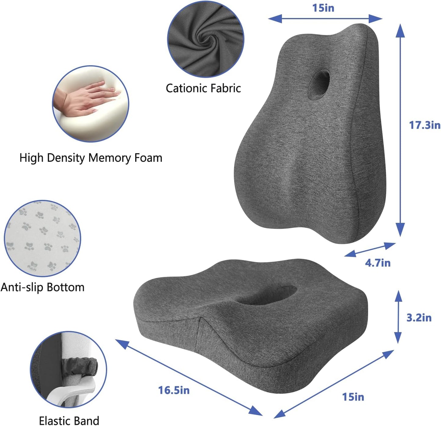 Seat Cushion & Lumbar Support Pillow for Office Chair,Memory Foam Chair Cushions for Tailbone Pain, Non-Slip Back Support for Desk,Gaming Chair,Wheelchair, Breathable & Machine Washable