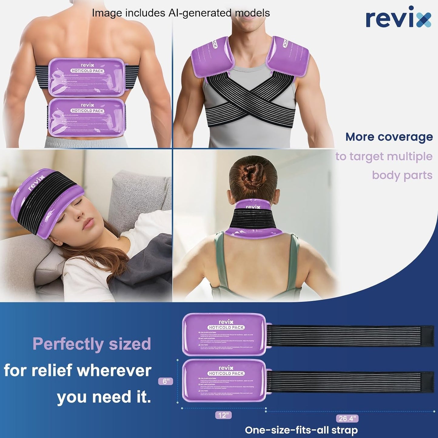 REVIX Ice Packs for Injuries Reusable, 2 Packs Hot & Cold Gel Ice Packs with PVC Cooling Design & Adjustable Strap, Flexible Therapy on Joints, Muscles, Shoulder, Back and Knee (10" x 5" Blue)
