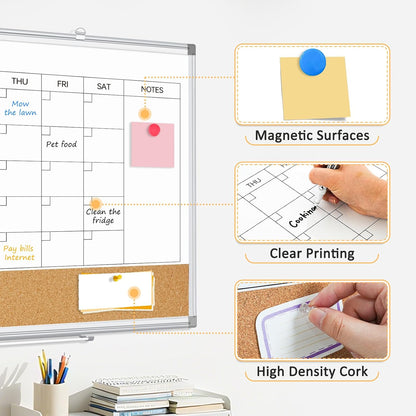 Dry Erase Calendar Whiteboard for Wall, 24"x18" Magnetic Monthly White Board Cork Board Combo, Double Sided, Aluminum Frame, Wall Hanging Wipe Board for Home, Office, School, Dorm
