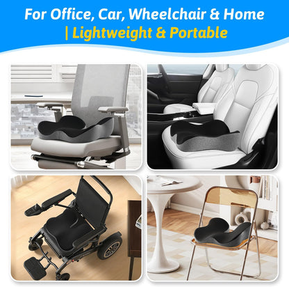 Seat Cushion for Tailbone & Sciatica Pain Relief – Certified & Ergonomist-Designed – Tapered Front Edge Reduces Thigh Pressure – Wide Memory Foam for Office Chair, Car, Wheelchair (Gray)