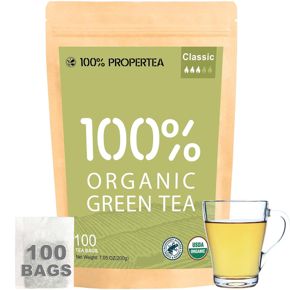 100% Propertea Organic Green Tea Bags Classic, 100 Tea Bags, Smooth