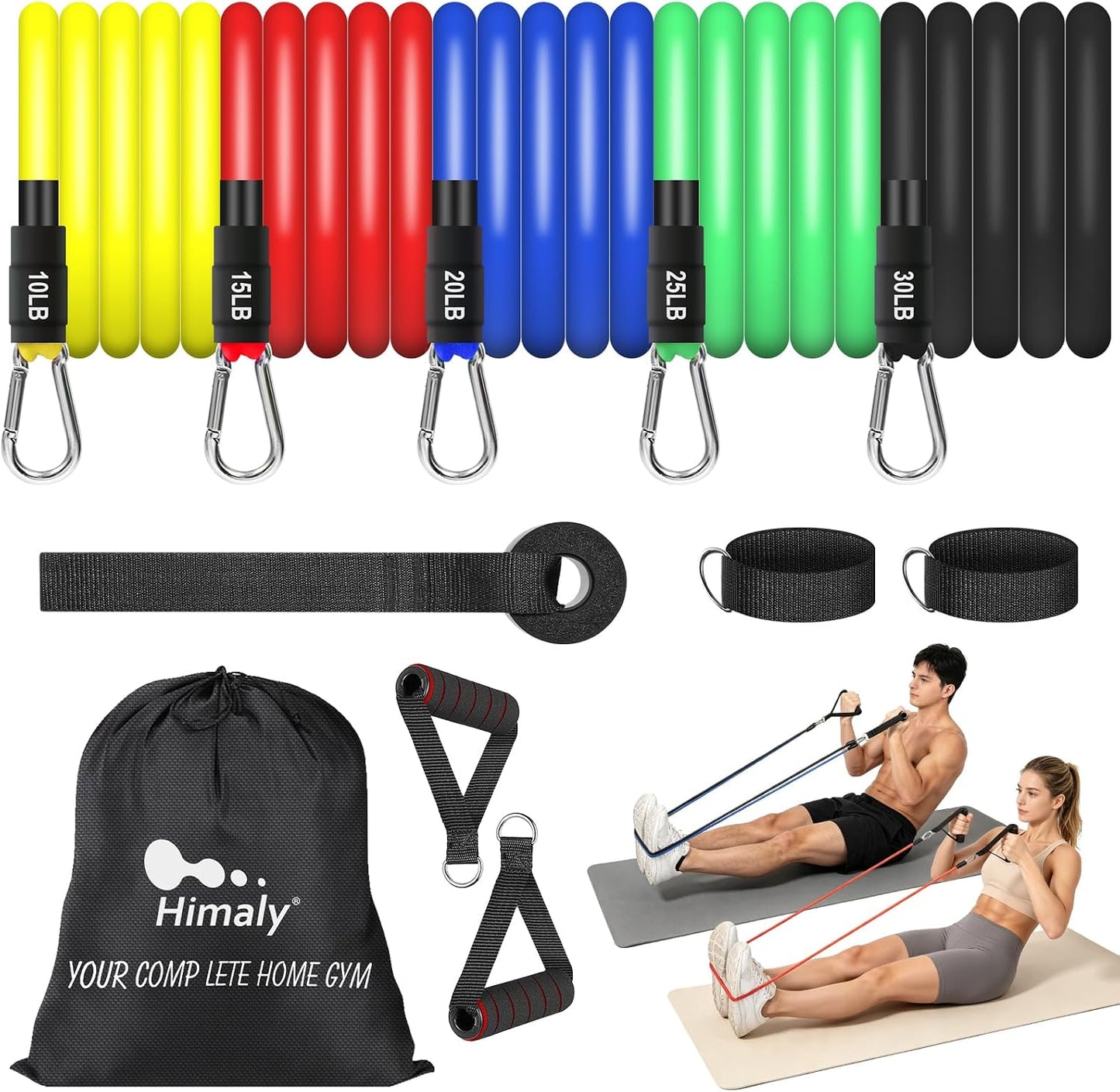 Resistance Bands Set, Himaly Exercise Bands Strength Training Fitness Bands Workout Elastic Bands with Legs Ankle Straps, Door Anchor, Handles & Carry Bag for Home Outdoor Workouts