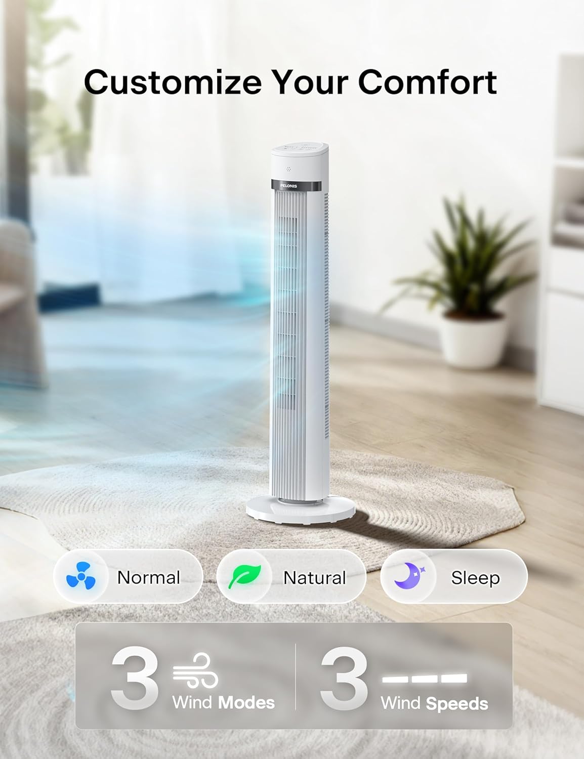 PELONIS 40 inch Bladeless Tower Fan for Bedroom, Standing Fan with Remote Control, 26ft/s, 90° Oscillation, 3 Speed Settings, 27dB, 3 Modes, 15-Hour Timer, LED Display, Fan that Blows Cold Air, White