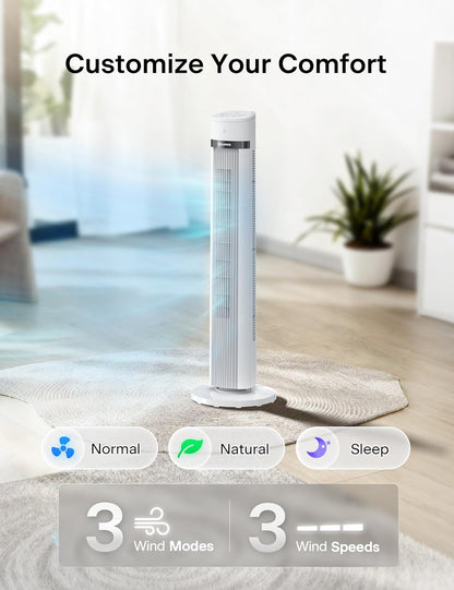 PELONIS 40 inch Bladeless Tower Fan for Bedroom, Standing Fan with Remote Control, 26ft/s, 90° Oscillation, 3 Speed Settings, 27dB, 3 Modes, 15-Hour Timer, LED Display, Fan that Blows Cold Air, White