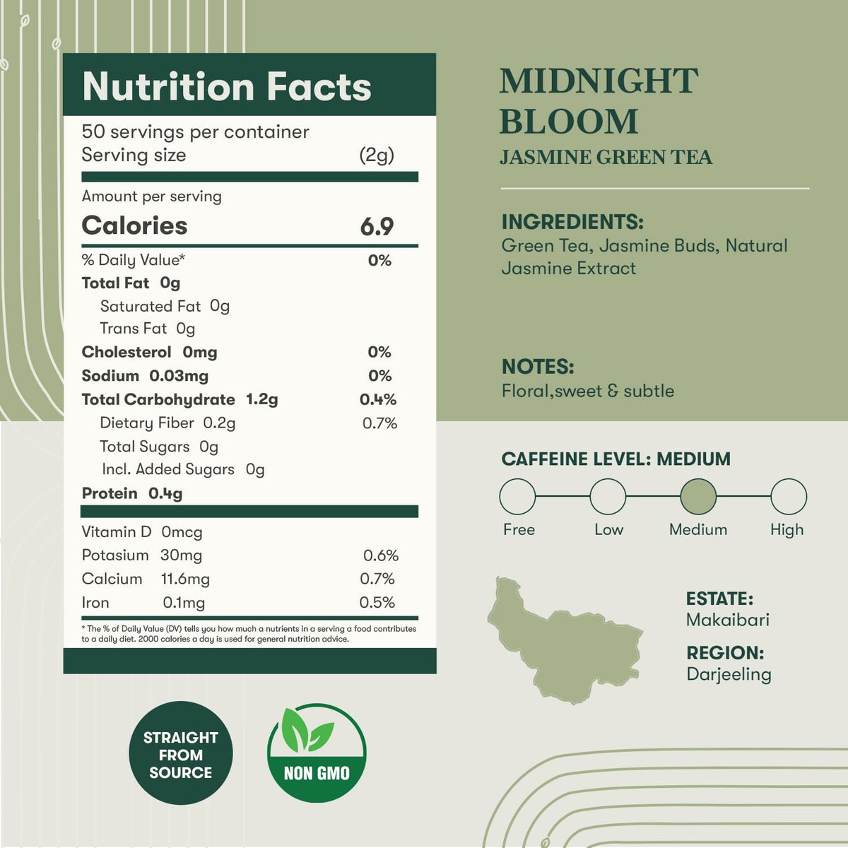 Luxmi Estates Midnight Bloom Jasmine Darjeeling Green Tea | 50 Biodegradable Teabags (50 cups)