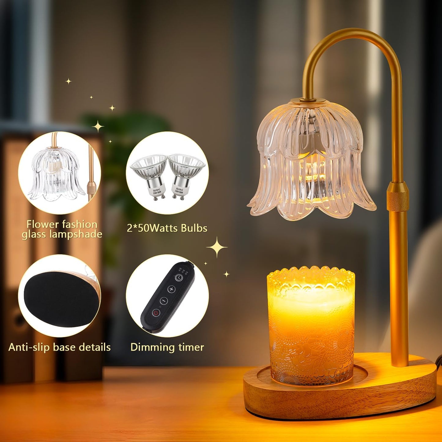 CRMILL Candle Warmer Lamp Electric Timer - Candles Warming Light Height Adjustable Dimmable Warmers Flower Lamps No Flame Heat Warm Melt Wax Jar Modern Home Decor Table Lights for Home Living Bedroom