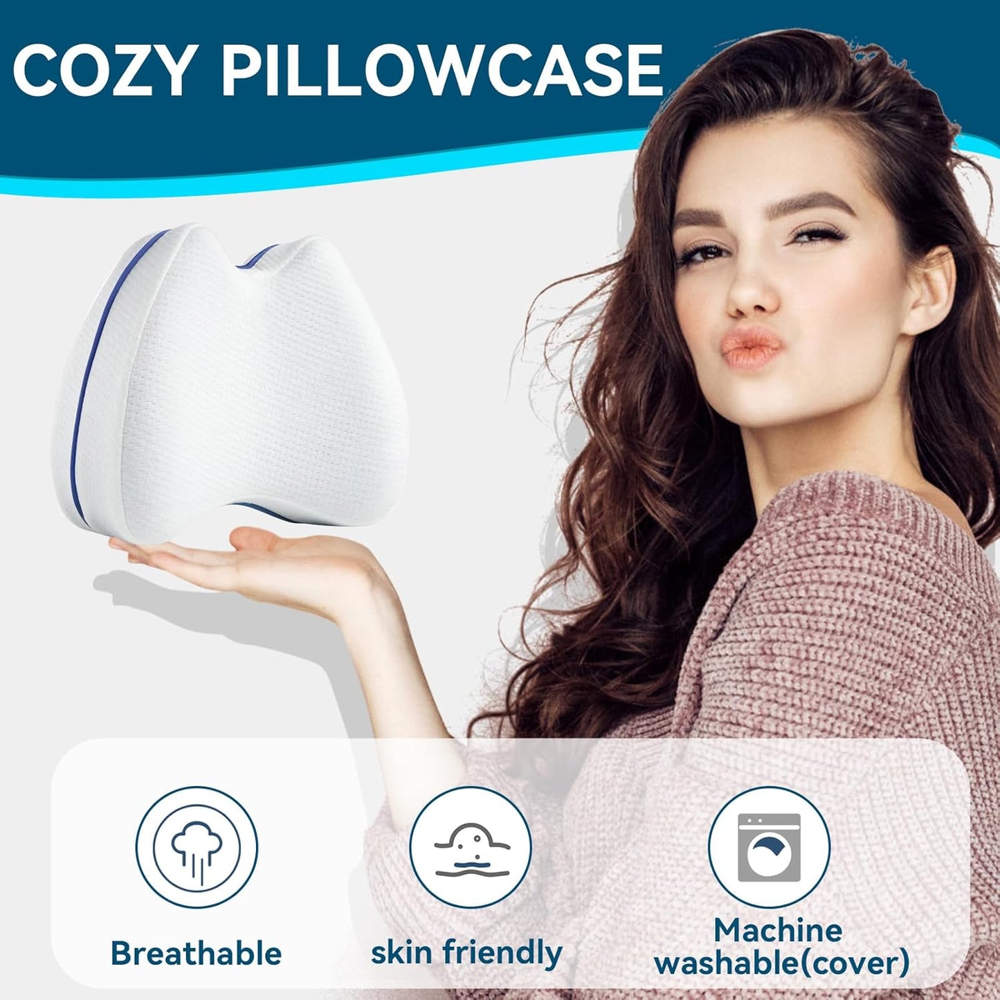 QISHFEN Knee Pillow for Side Sleepers Hip Pain Memory Foam - Leg Pillow for Side Sleeping Back, Sciatica, Knee Pain Relief - Side Sleeper Pillows with Washable Cover (1 Pack)
