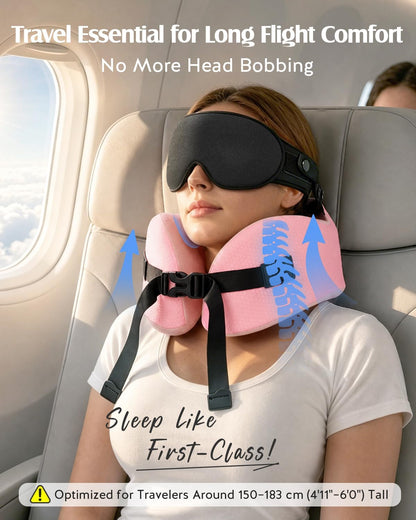 YFONG Travel Pillow for Long Flights, Patented 360° Ergonomic Sleeper Hold Head Support System with Memory Foam Neck Pillow & 3D Sleep Mask, Prevent Head Bobbing for Airplane & Road Trip, Pink
