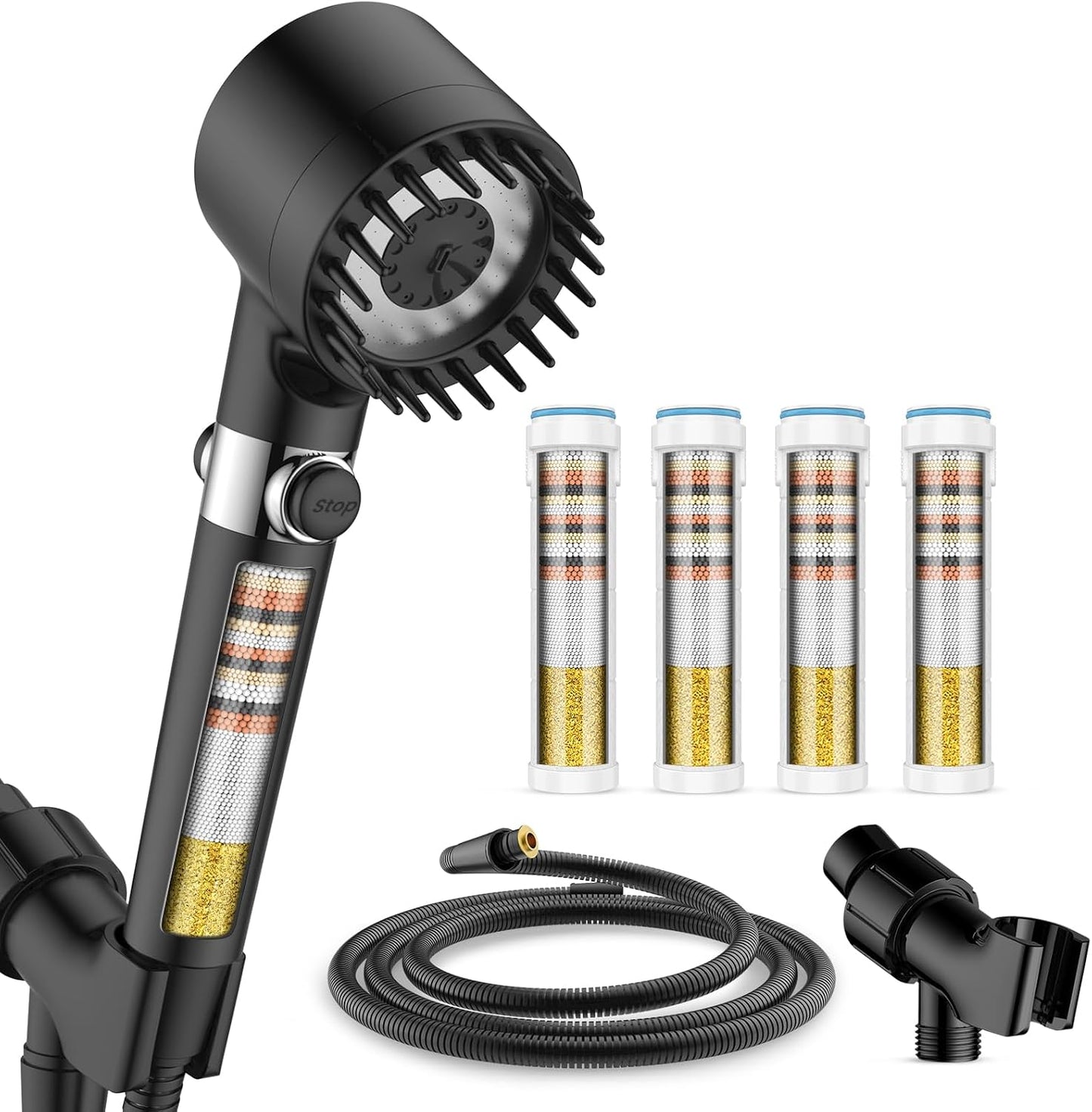 Filtered Shower Head with Handheld with 4PCS Filters, High Pressure 4 Spray Modes Shower heads with Filter, IronDrops Water Softener Filter for Hard Water 70" Hose (Chrome)