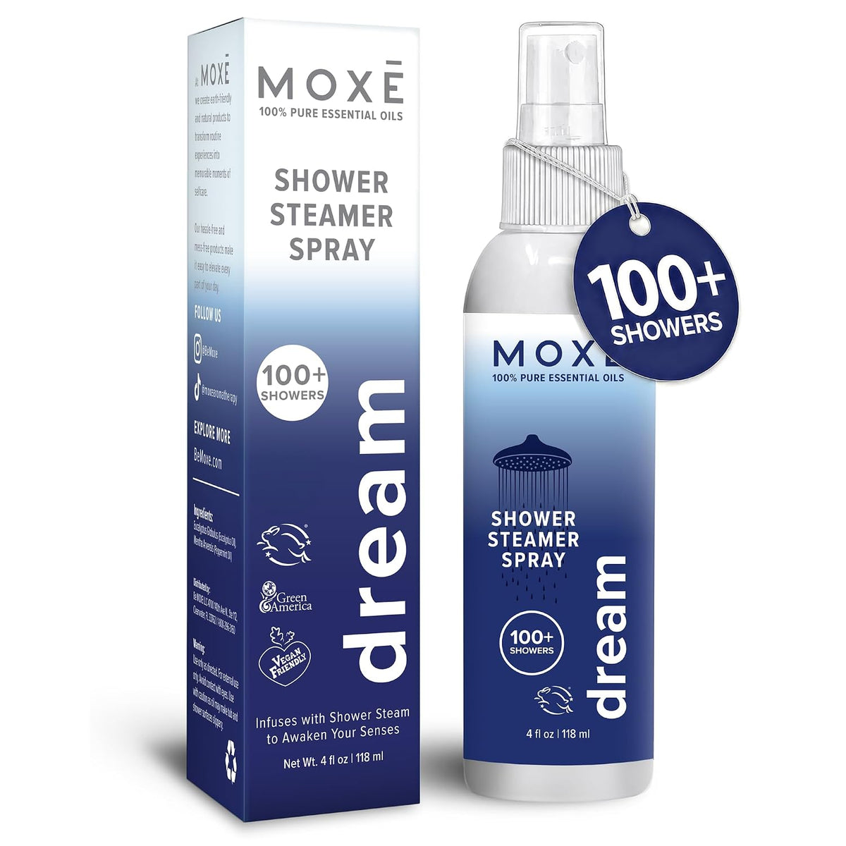 MOXĒ Eucalyptus Oil Shower Mist, Spa Steam Spray, Certified Natural 100% Essential Oils, Made in USA, Aromatherapy, Sinus Congestion Relief, Tension Relief, 4 Ounces